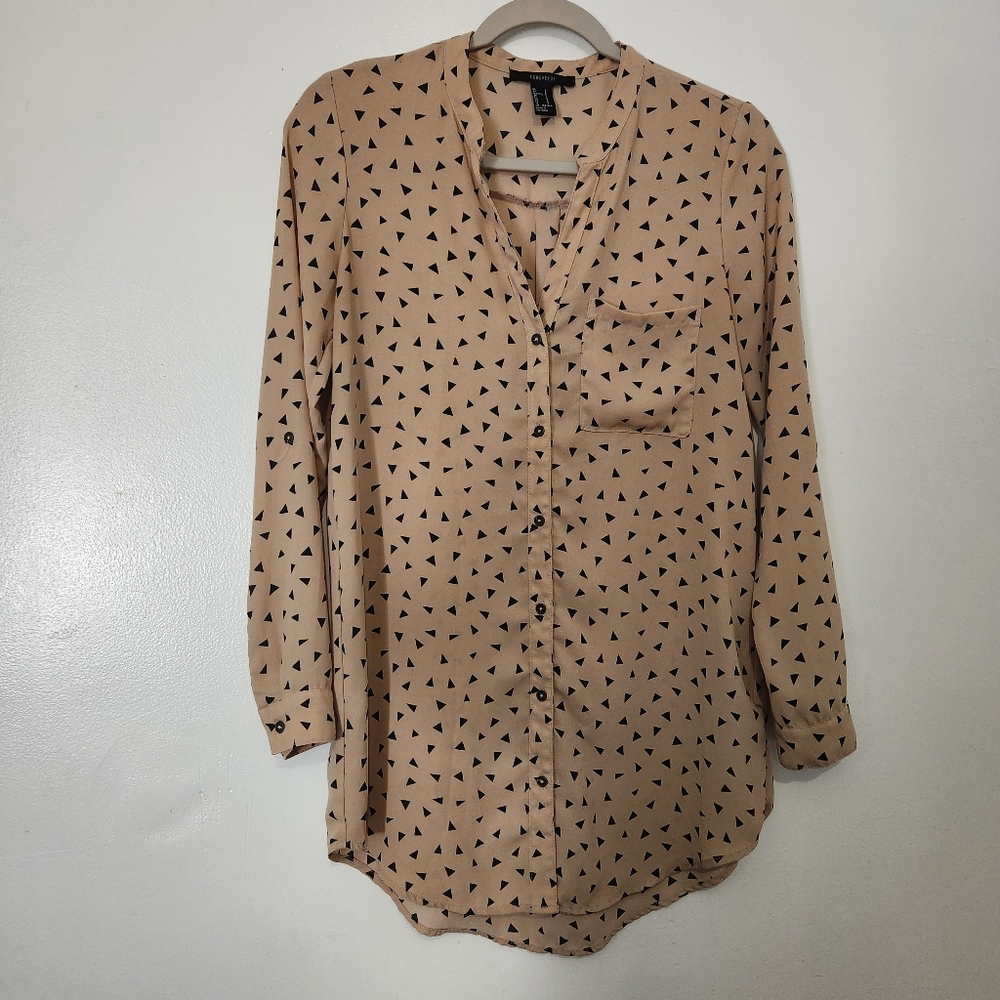 Forever 21 Small Tan Black Triangle Print Chiffon Tunic Hi-Lo Blouse S Read